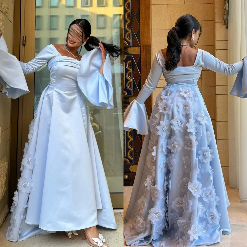 

Customized Satin Sequined Flower Beading Ruched Ruffle Wedding Party A-line Square Neck Bespoke Occasion Prom Gown Long Dresses