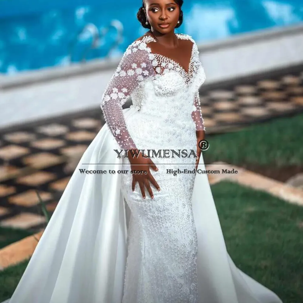 Suknie ślubne syreny Aso EbI dla panny młodej plus size, błyszczące kryształki, koraliki, koronkowe suknie ślubne, szyte na miarę damskie ubrania na przyjęcie