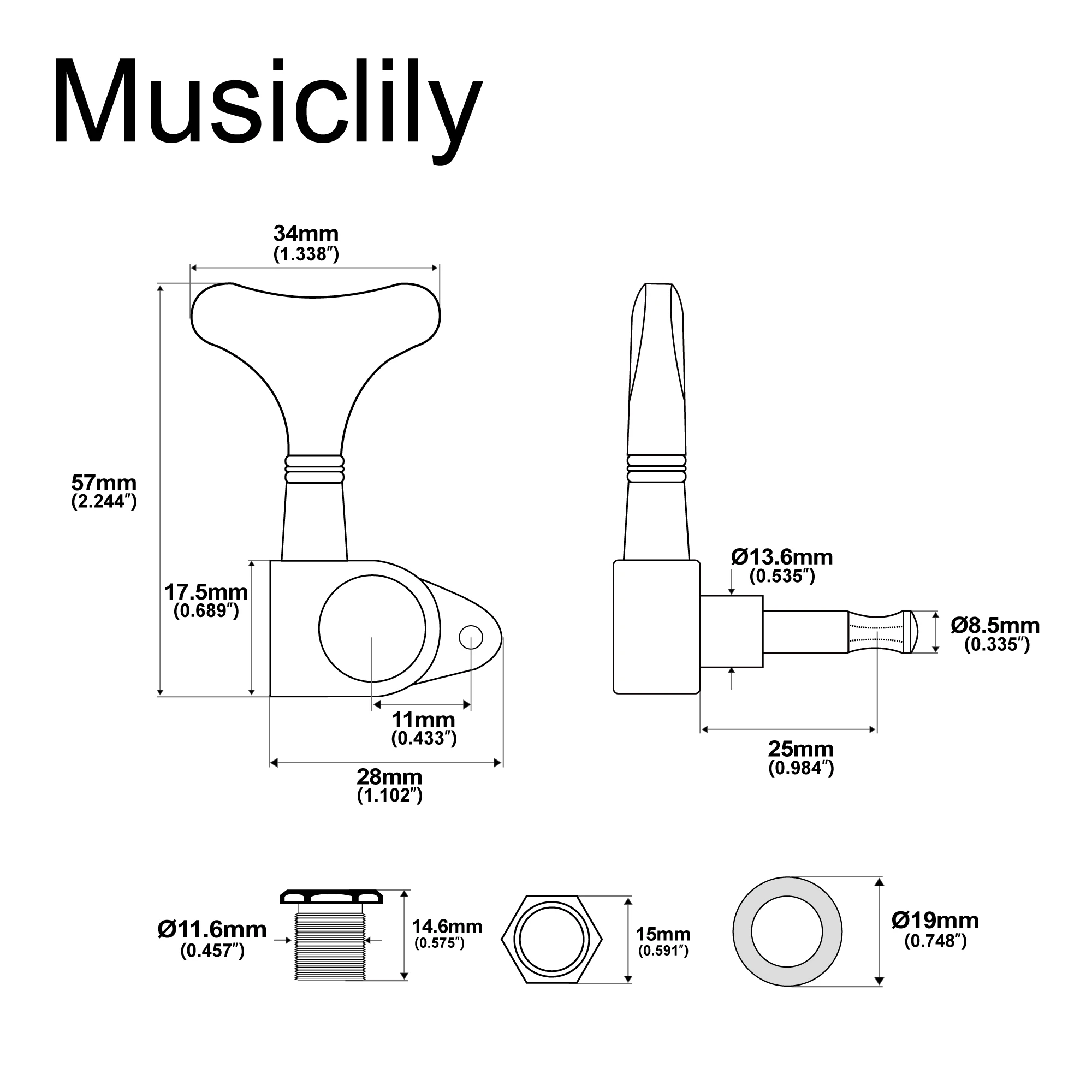 Musiclily Pro 2R2L/4R 17:1 Ratio Full Sealed Bass Tuners Tuning Keys Pegs Machine Heads Set for Electric Bass