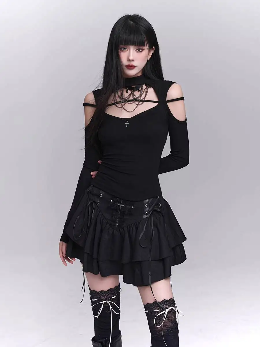 Spódnice Gothic Punk Damskie Czarne Mini Spódniczki z Nadrukiem Krzyża Dziewczyna-Duch Punkowa Subkultura Gothic Y2K Seksowny Styl