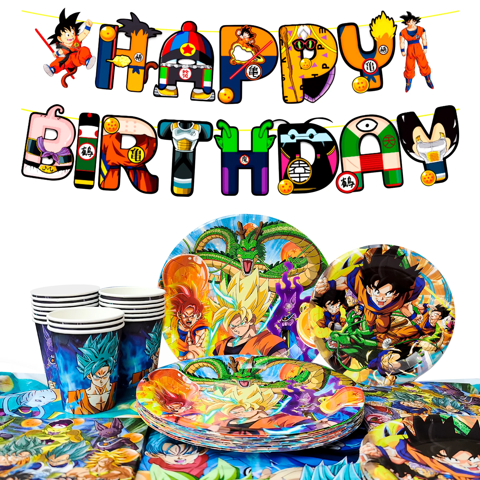 

128 Pcs Dragon Ball Party Supplies Tableware-Dragon Ball Table Cloth Banner Plates Napkins Cup for Goku Birthday Party Tableware