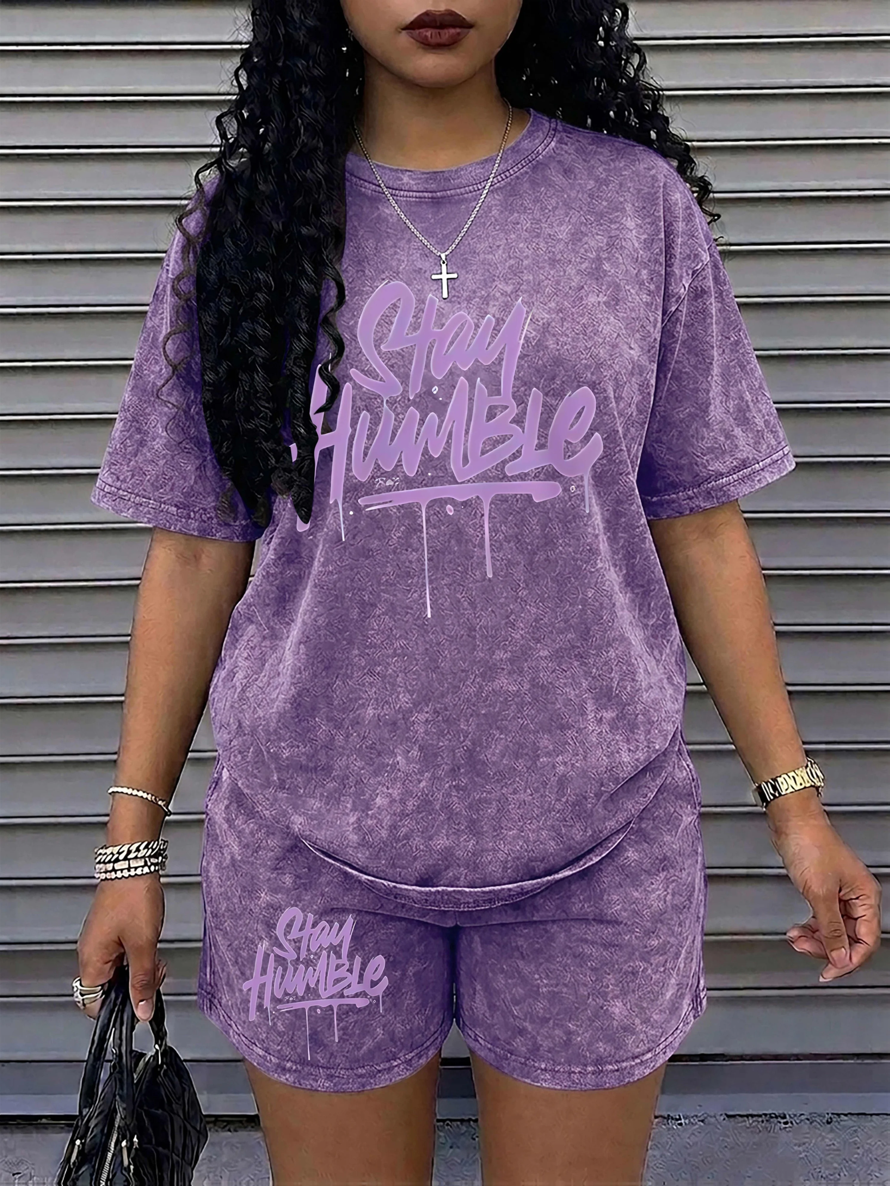 Summer women's suit with letter print lightweight breathable casual fashionable retro streetwear clothing