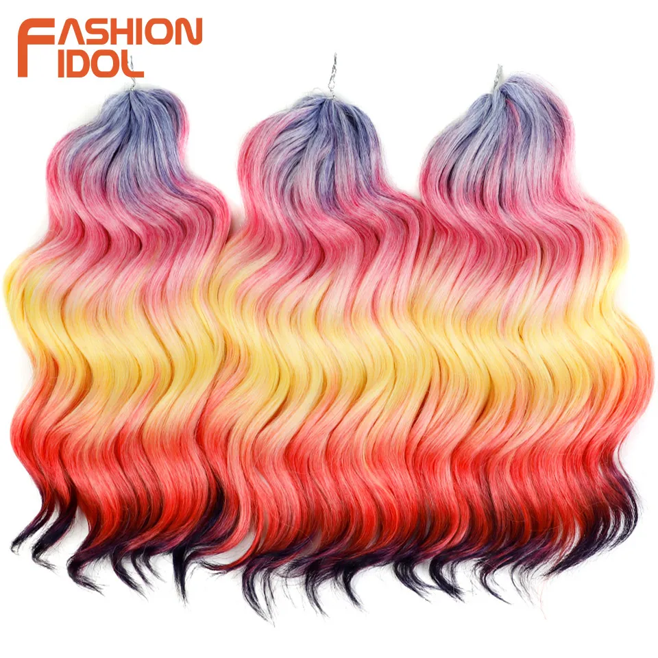 FASHION IDOL 300g 3PCS 16 Inch Deep Wavy Crochet Hair Synthetic Crochet Braids Ombre Orange Red Rainbow Braiding Hair Extensions