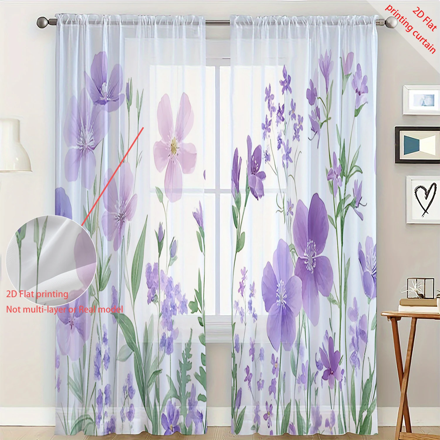 2 Pieces HD Digital purple flowers Printed Window Screen Home Decor Style Decoration Living Room Bedroom Rod