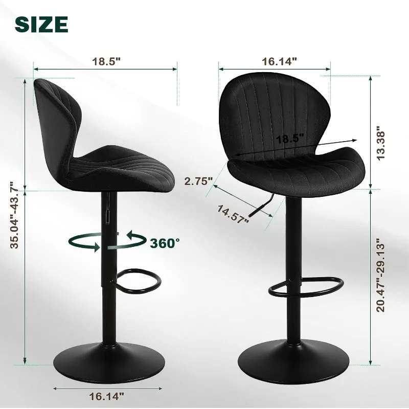 Modern Bar Stools Set com costas para os pés, veludo altura ajustável, banquetas giratórias, sem braços cozinha ilha cadeiras contador, conjunto de 2