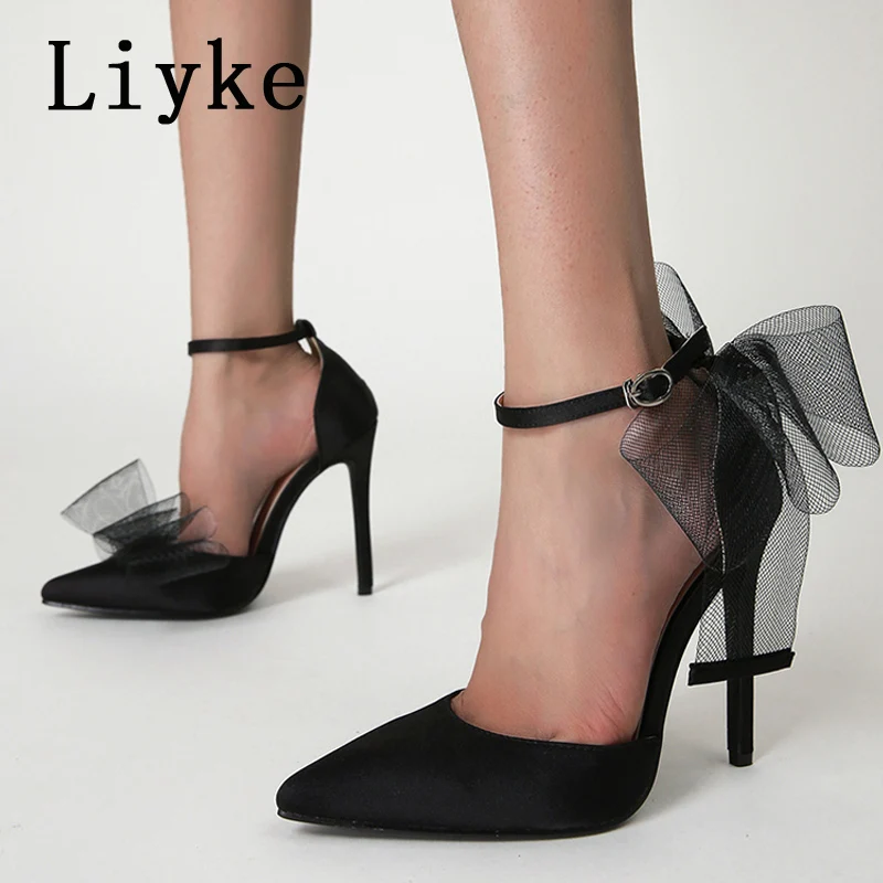 Liyke 2025 New Silk Bowknot Elegant Women Party Wedding Shoes Sexy Pointed Toe Slingback High Heels Pumps Sandals Stiletto Mujer
