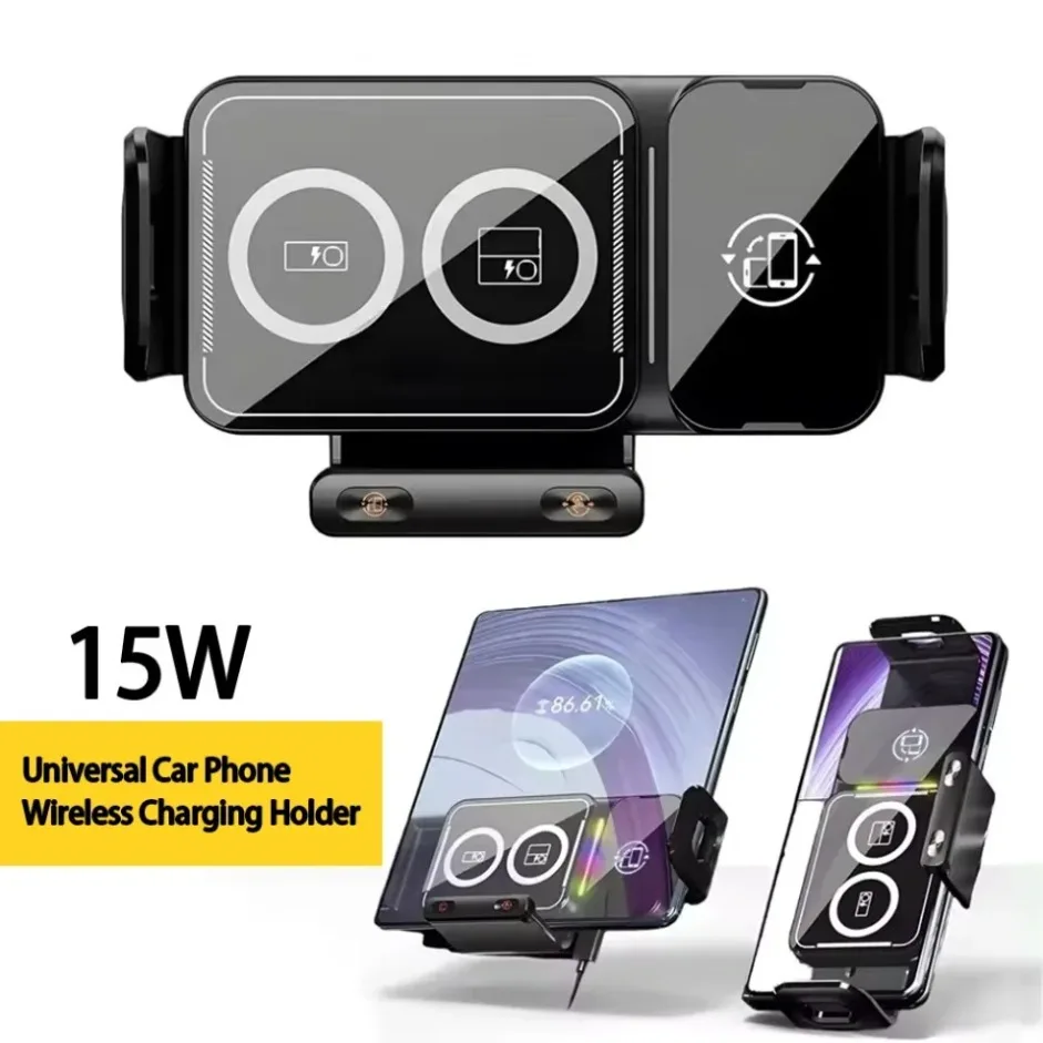 15W Wireless Car Phone Holder 360 Degree Rotation Charger Mount Compatible with iPhone 17 16 Samsung S25 S24 Z Flip Fold 7 6 5 4