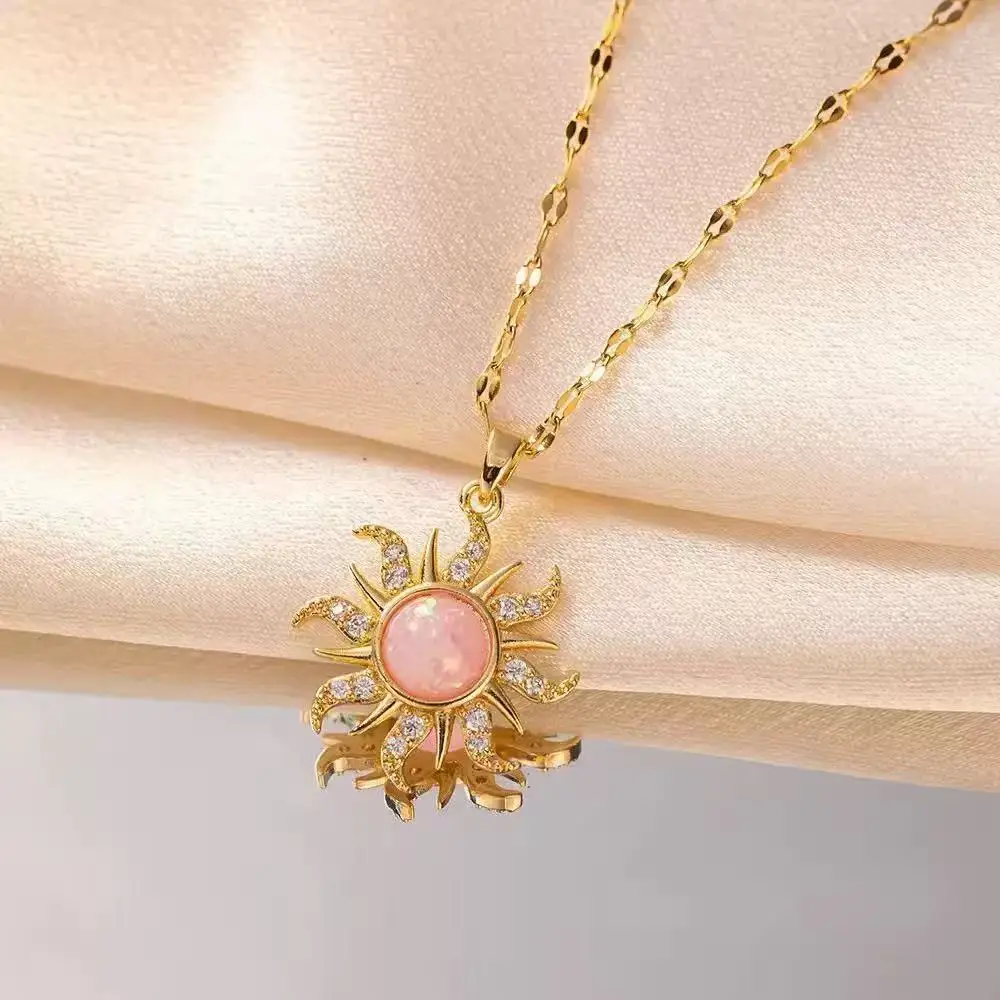 Pink Resin White Opal Sun Flower Pendant Necklaces For Women Vintage Gold Color Stainless Steel Chains Jewelry Mother's Day Gift