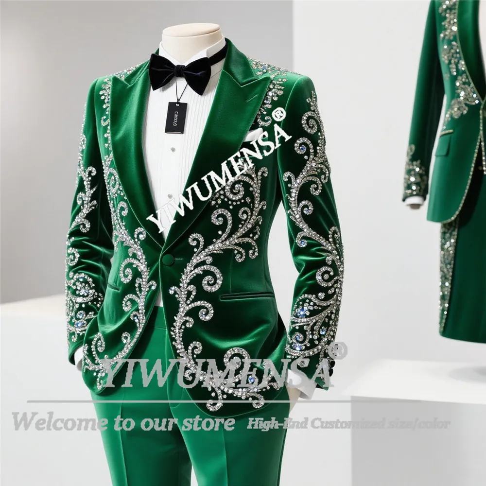 Trajes de esmoquin de lujo con cuentas de cristales para hombre, trajes para boda, graduación, novio, conjuntos de 2 piezas, Blazers de terciopelo para graduación, trajes elegantes para hombres