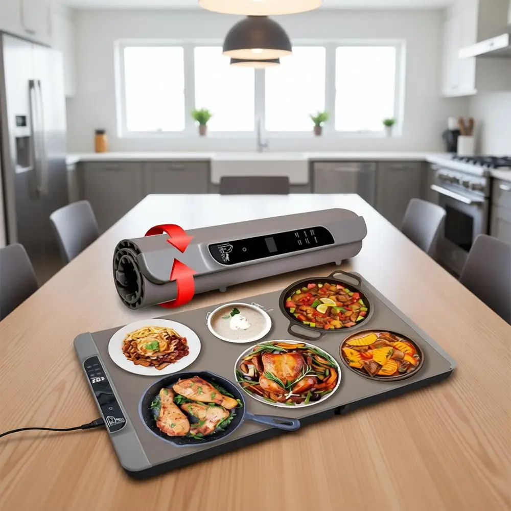 

Fast Heating Silicone Electric Tray with 4-Level Temp, Raised Feet, Roll-Up Buffet Heat Pad, Portable Hot Plate for Home, Travel