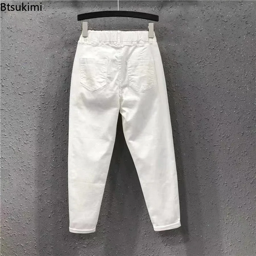 2026 New Women's Jeans Korean Style Harem Pants Elastic Waist Solid Casual Cotton Denim Pants Spring Autumn Baggy Trousers Femme