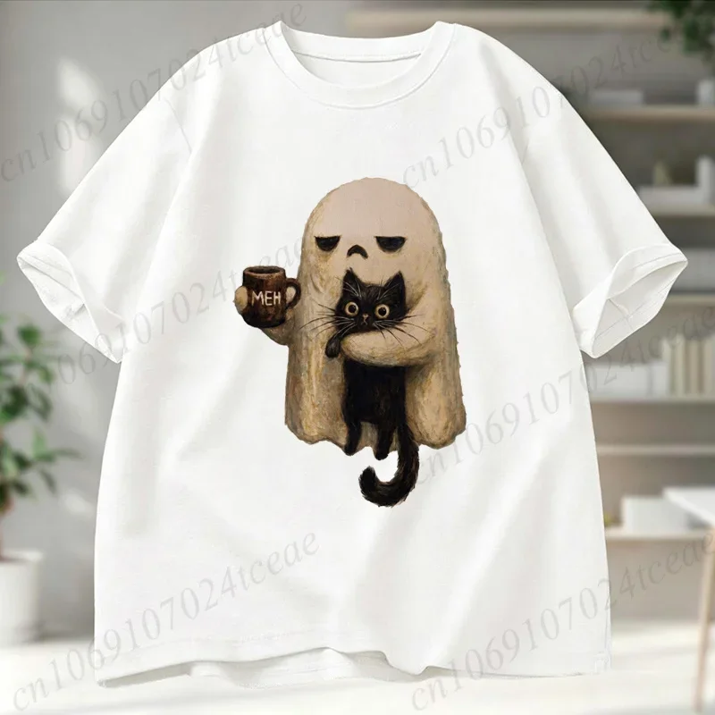 New Summer Shirt Spooky Black Cat Aesthetic Graphic Tops Women Men Short Sleeve Tees Funny Introvert Halloween Coffee S-5xl