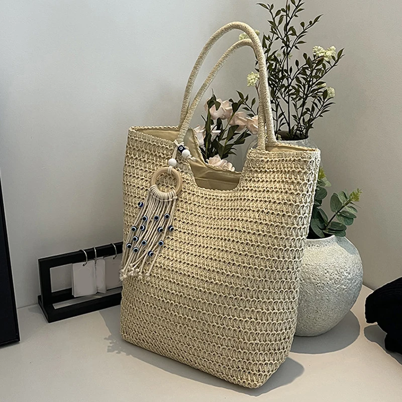 Mode Große Kapazität Fransen Anhänger Handgemachte Stroh Handtasche Frauen Urlaub Strand Casual Tote Top-Griff Taschen Retro Schulter Taschen