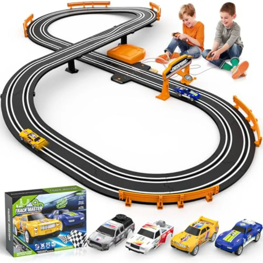 

Slot Car Race Track Sets for Boys: Plastic Red Track with 2 High-Speed Slot Cars Battery/Electric Power Dual Racing Game with L