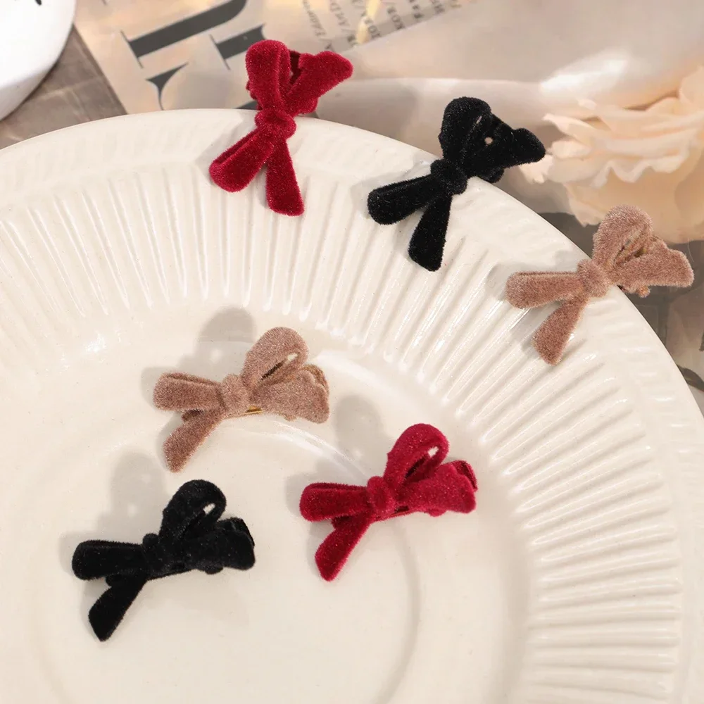 1/6pcs Velvet Bow Hairpins Sweet Red Bowknot Hair Clips for Girls Women Double Bowknots Solid Mini Barrettes Party Headwear