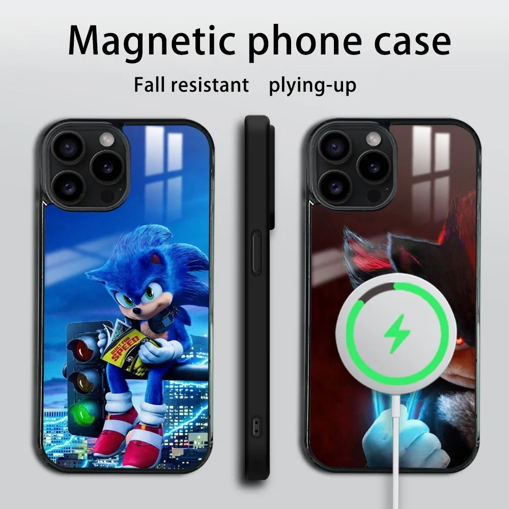 Cartoon S-Sonics HeDgehoG Phone Case For iPhone 16 15 14 13 12 11 PRO MAX PLUS Mini Magnetic wireless mirror phone case