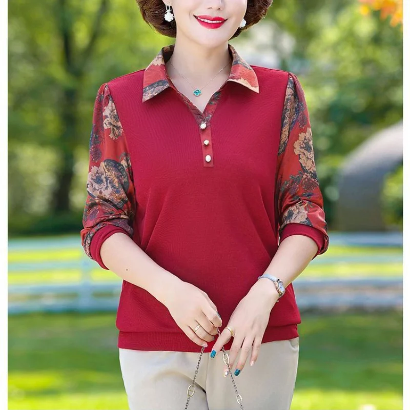

POLO Collar Long Sleeve Casual Simplicity Versatile Pullover Autumn and Winter Commuter Women's Clothing Fashion Print Buttons