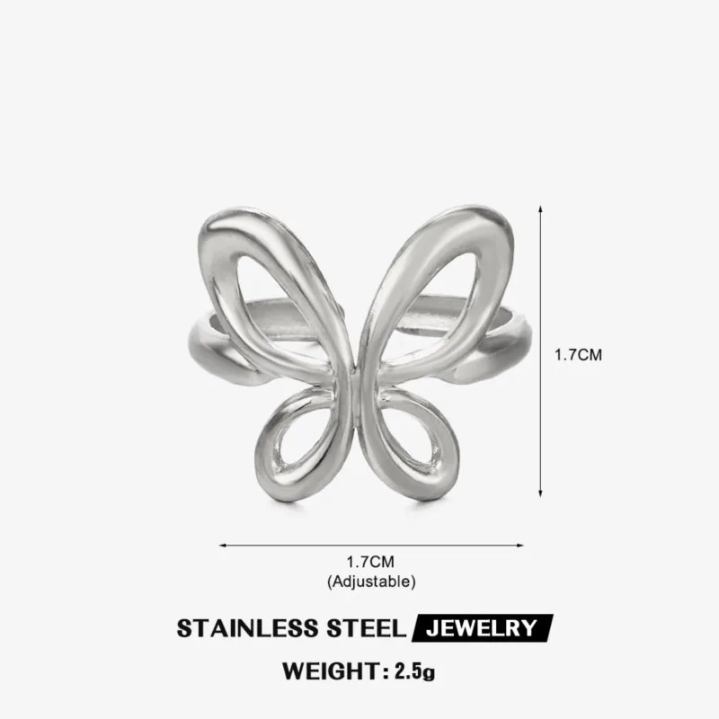 ANENJERY 316L Stainless Steel Hollow Butterfly Open Ring for Women Ins Style Exaggearated Ring Party Retro Jewelry Accessory