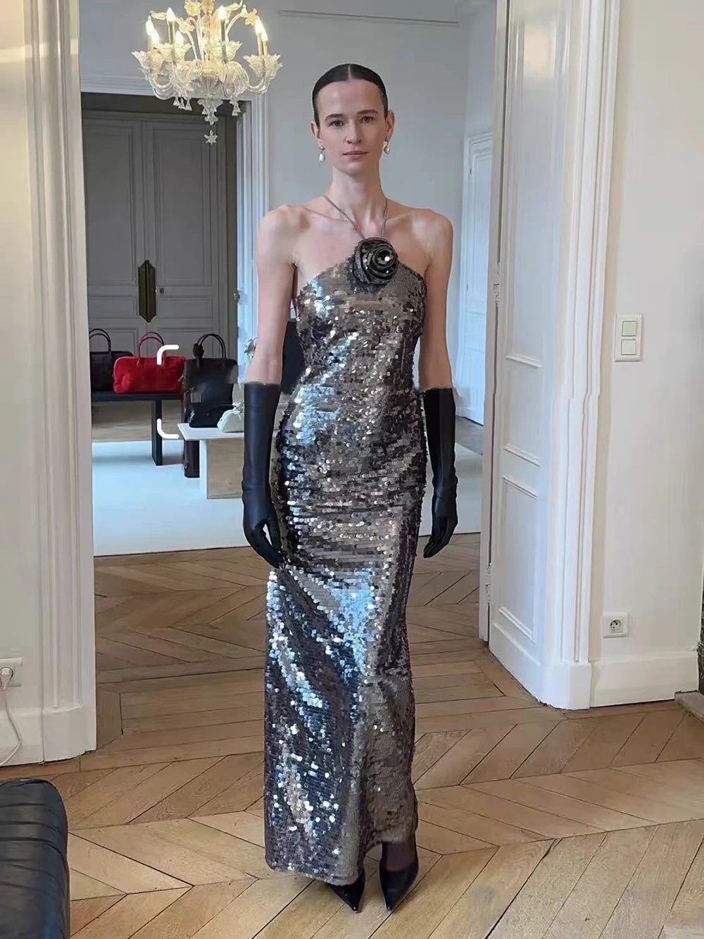 Modphy Elegancka Sukienka Maxi z Kwiatami na Biuście, Cekinami, Wiązana na Szyi, Bez Pleców, Seksowna, Długa Sukienka Letnia 2026 Nowa Moda Suknia Wieczorowa na Przyjęcie