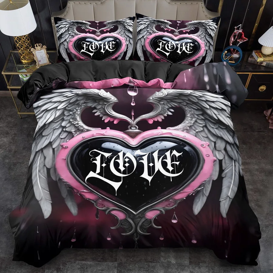 Gothic Heart Wing Print Down Comforter Cover Set King Queen Style bedding Machine Washable Quilt Decoration, Bedroom Guest Room