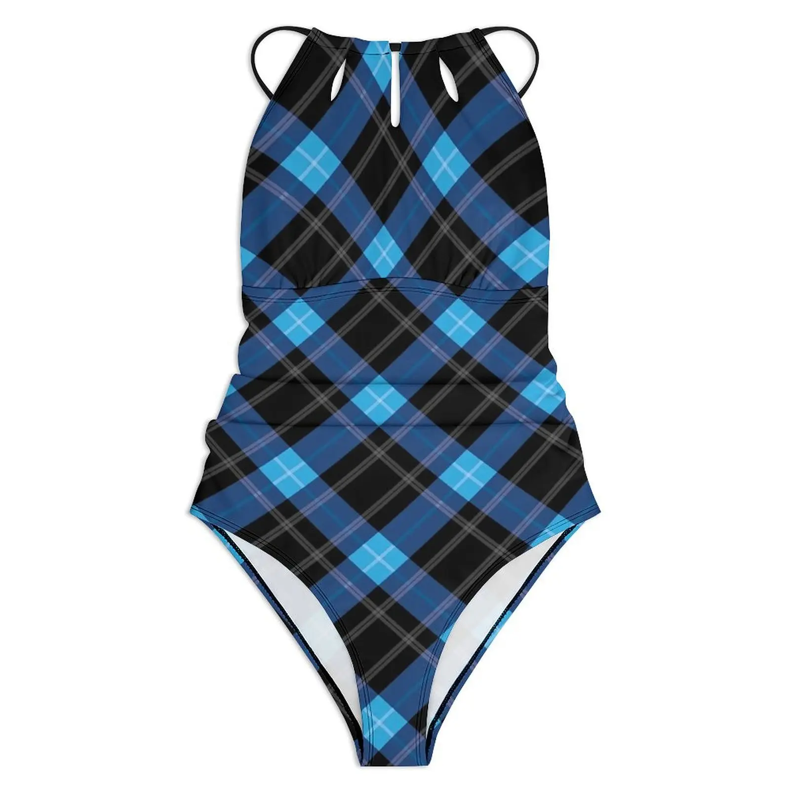 Blue Plaid Swimsuit Sexy Classic Lines Print One-Piece Swimwear Push Up Bodysuit Stylish Holiday Rave Beach Wear