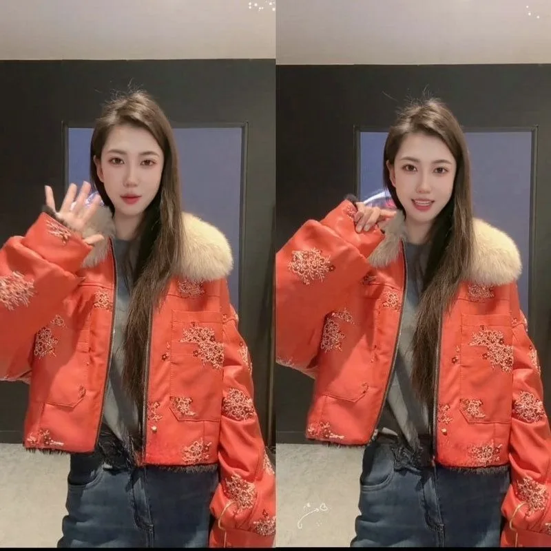 Popular Online Hit New Chinese-style Winter Cotton-padded Jacket Heavy Fur Collar Beaded Design Which Fashion Stylish Goddesses