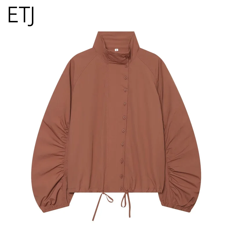 ETJ 2026 Damen Polyester Windbreaker mit Stehkragen, Knopfleiste, Leichtgewicht, Wasserabweisend, Puffärmel, Oversize-Jacke – Detail 20
