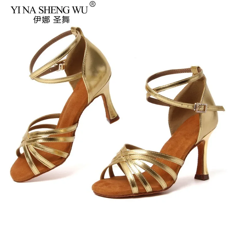 รองเท้าเต้นรำละตินสำหรับผู้หญิง พื้นนุ่ม รองเท้าเต้นบอลรูม แทงโก้ รองเท้าเต้นรำในร่ม สีทอง ส้นสูงแบบคิวบา 5ซม./7ซม./8ซม. รองเท้าเต้นรำสำหรับงานปาร์ตี้ ขายส่ง