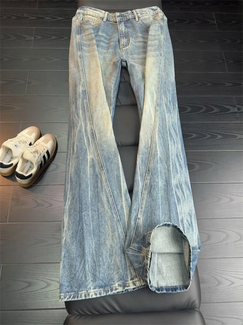 

American High Street Lightning Pattern Men's Jeans Slim Straight Leg Trousers Spring Autumn New Sle Diagonal Cut Knife Pants
