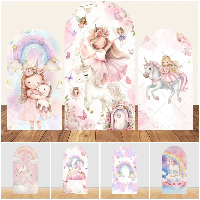 Regenbogen-Einhorn Geburtstagsbogen-Hintergrundbezug Rosa Fantasy Babyparty-Dekoration Kinderporträt-Fotografie-Hintergrund Studio