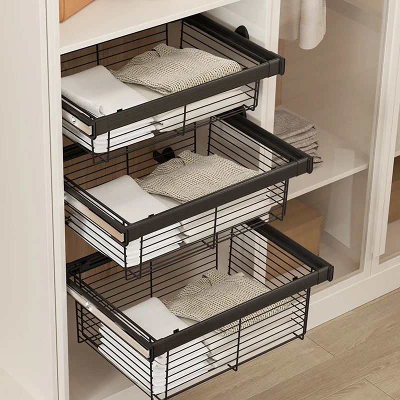Wardrobe pull basket drawer type built-in telescopic pants rack cloakroom push-pull storage basket layered transformation