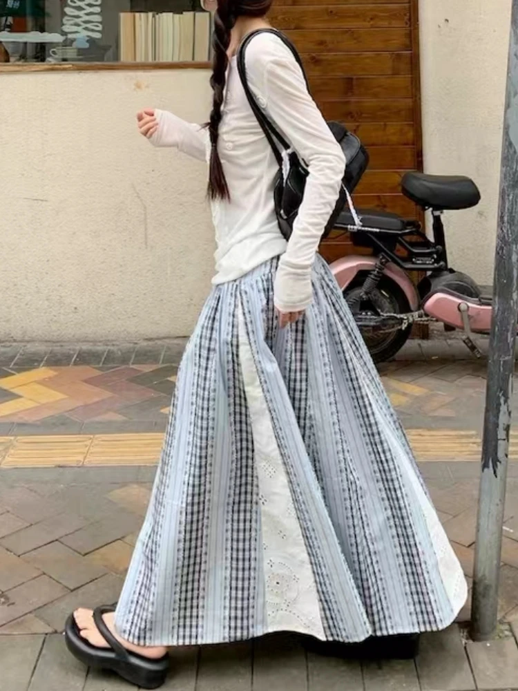 Qiukichonson Midi Long Skirt Womens Maxi Skirt Summer 2024 Goth Lolita Crochet Lace Patchwork High Waisted A-Line Striped Skirts