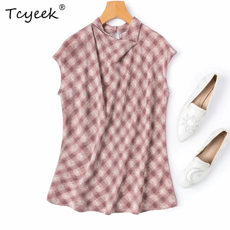 

Tcyeek 100% Real Silk Women T Shirt 2026 Spring Summer Elegant Checkered Slimming Short-sleeved Top Woman Clothing Ropa De Mujer