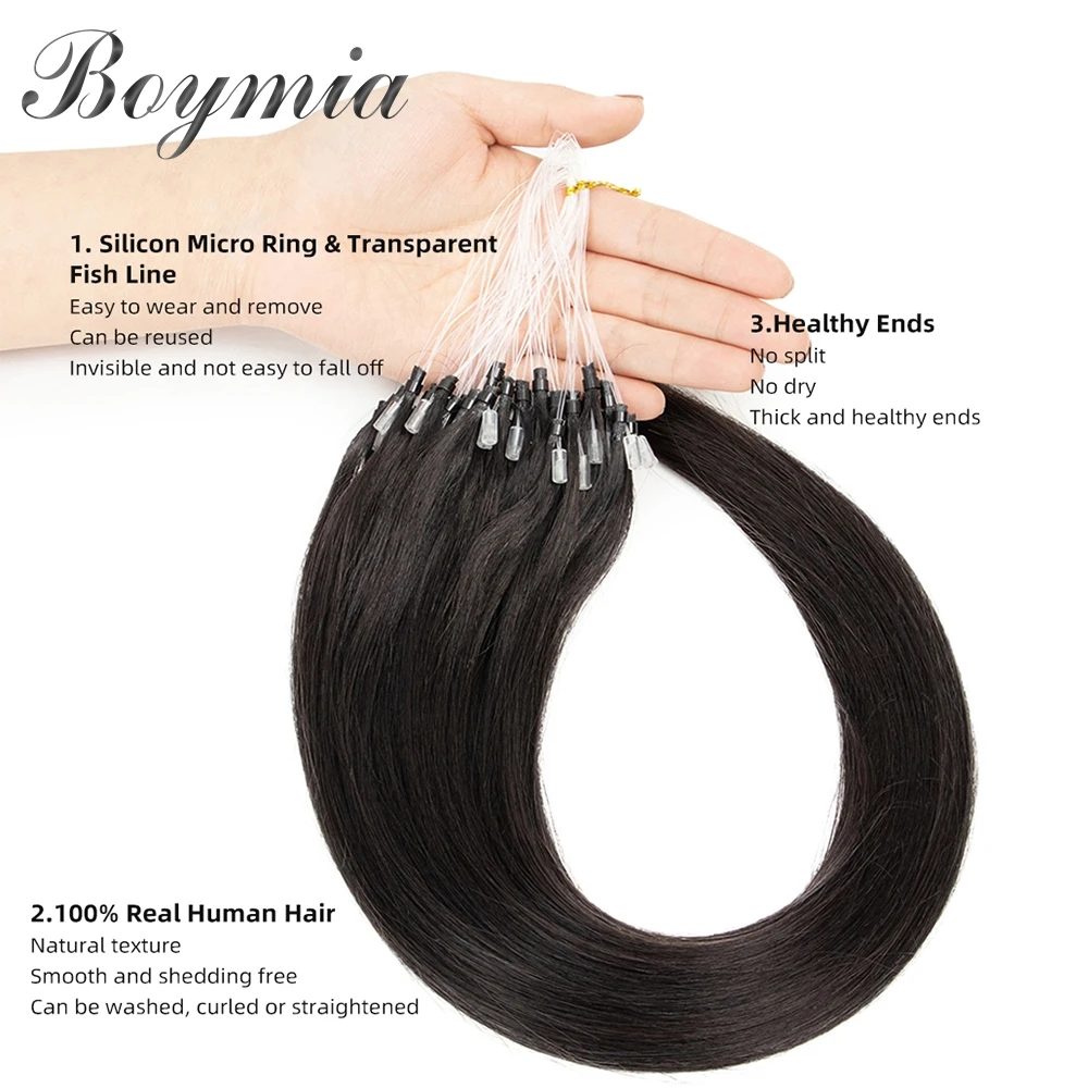 Boymia マイクロループ人毛エクステンション 12 "16" 20" 24" ナチュラルストレートヘアリングマイクロリンク 0.5 グラム/ストランド