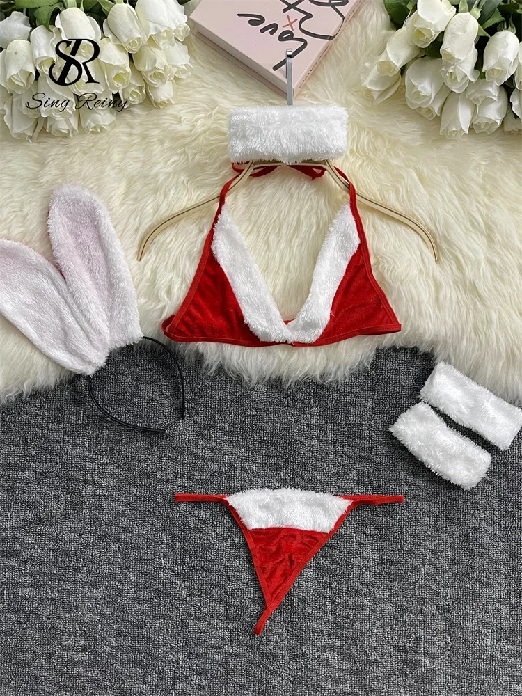 

SINGREINY 2024 Uniform Erotic Underwear Suits Female Halter Backless Lace-Up Rabbit Cosplay Cute Christmas Sexy Lingerie Sets