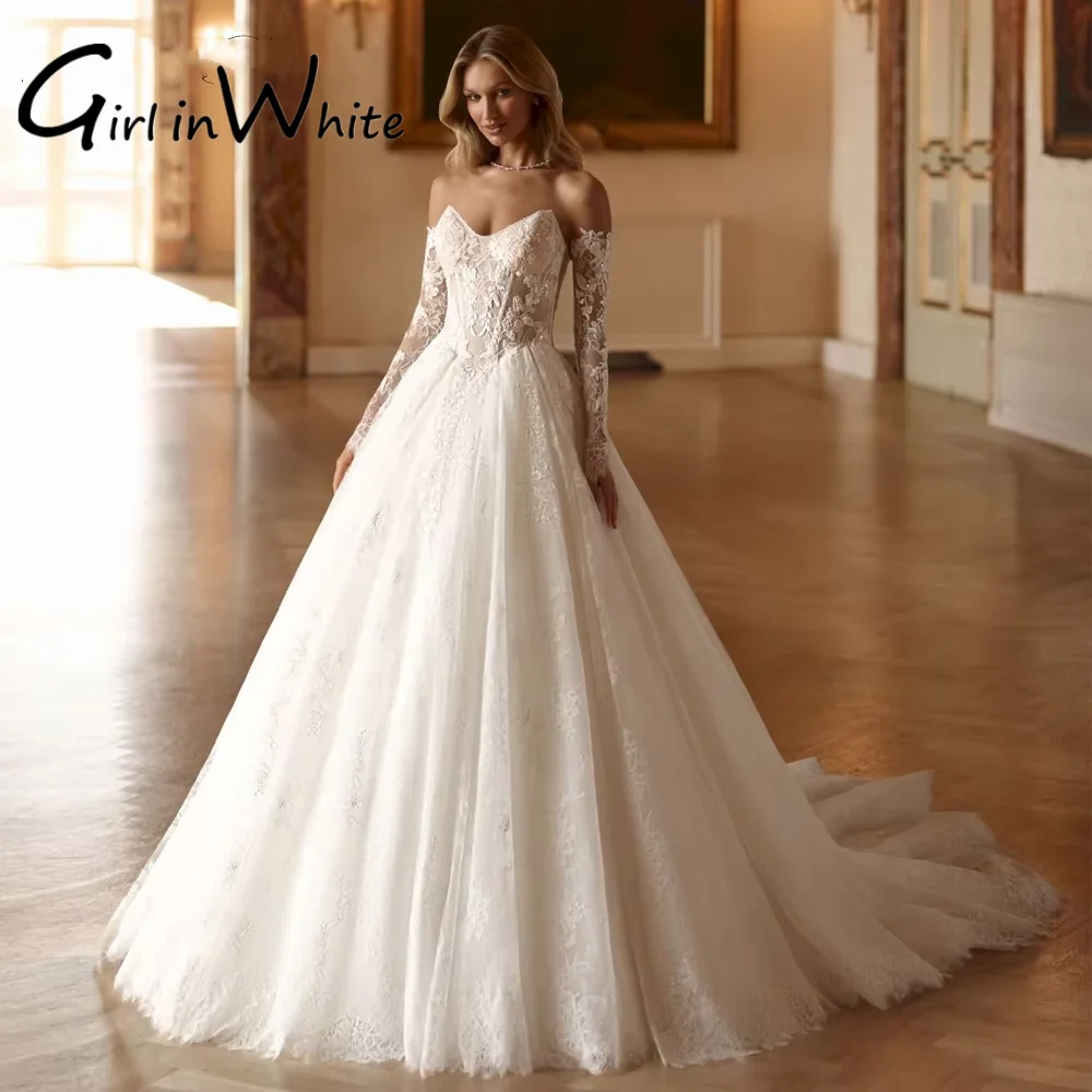 Customized A Line Lace V-Neck Wedding Dresses Strapless Applique 2026 Illusion Beaded Bridal Gowns with Removable Sleeves
