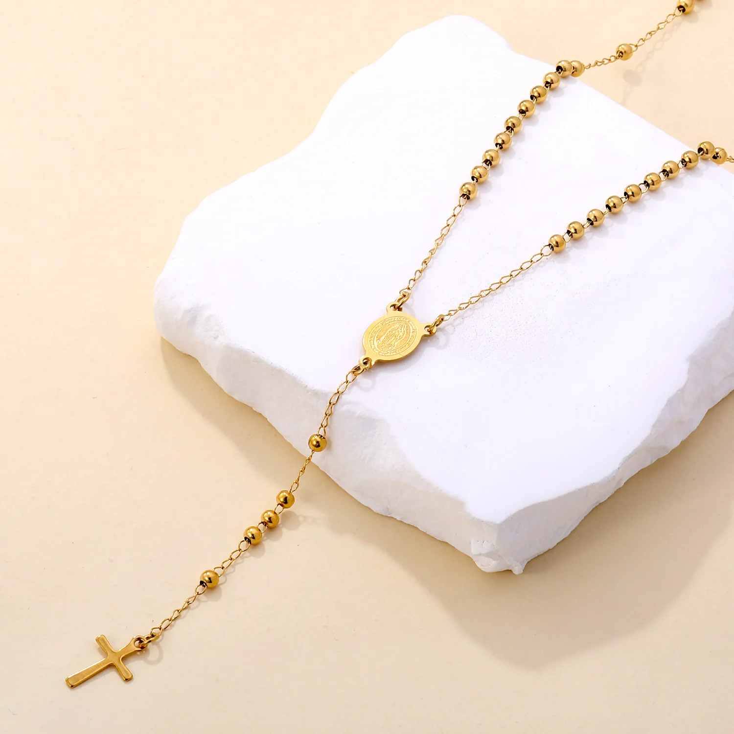 Trend 2026 Long Rosary Beads Chain Cross Pendant Necklaces Stainless Steel Gold Plated Virgin Mary Oval Bar V-Neck Tassel Collar
