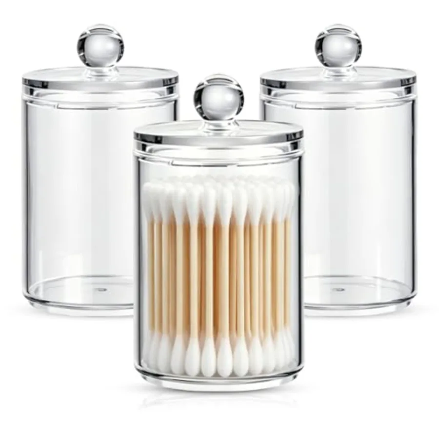3 Pack Acrylic Qtip Holder Dispenser, Vanity Accessories Qtip Holder for Cotton Ball, Swab and Floss, Small Clear Bathroom Stor