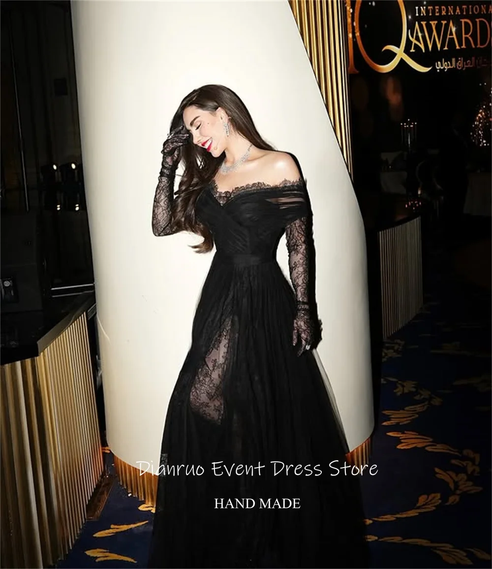 Dianruo فساتين سهرة سوداء على شكل حرف A بفتحة عالية طويلة من الدانتيل Abendkleider Luxus فساتين حفلات أنيقة على شكل قلب مخصصة