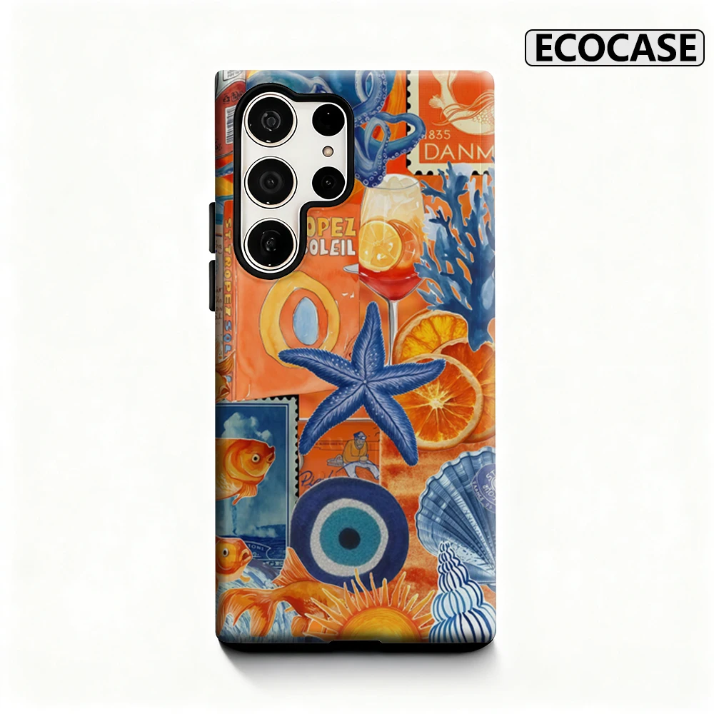 Coastal Collage Art Phone Case for Samsung Galaxy S25 Ultra S24 S23 Ultra Plus Glossy Double-layer Back Cover