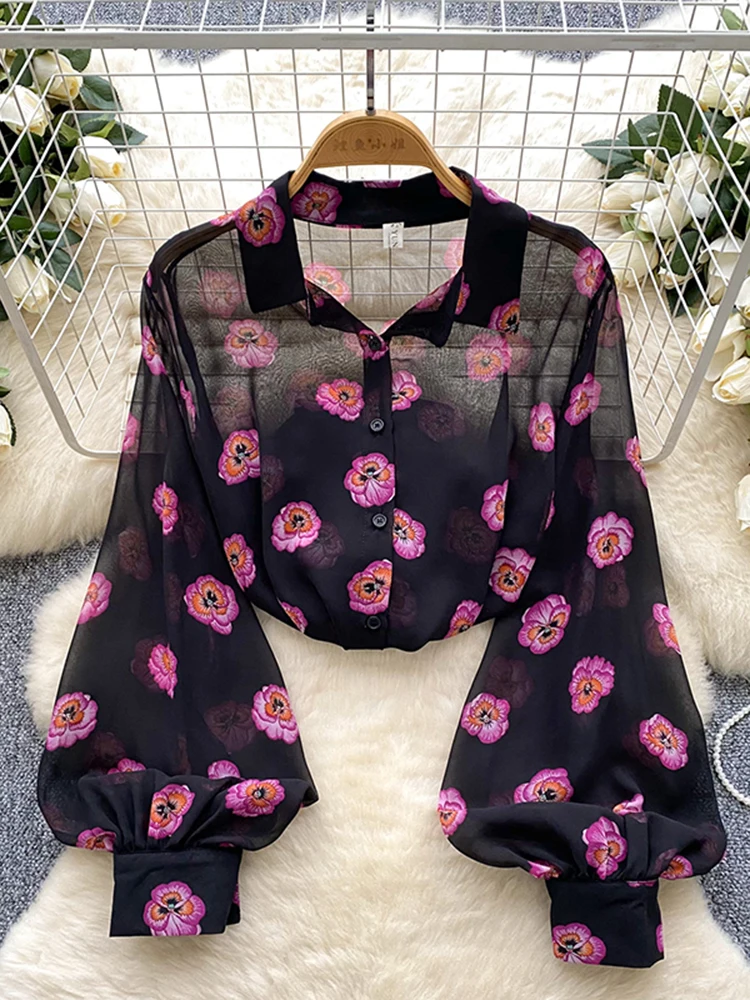 Spring Autumn Temperament Fashion Retro Chiffon Floral Blouses Print Loose Lapel Puff Sleeve Top Button Up Shirt Female GD611 image 5