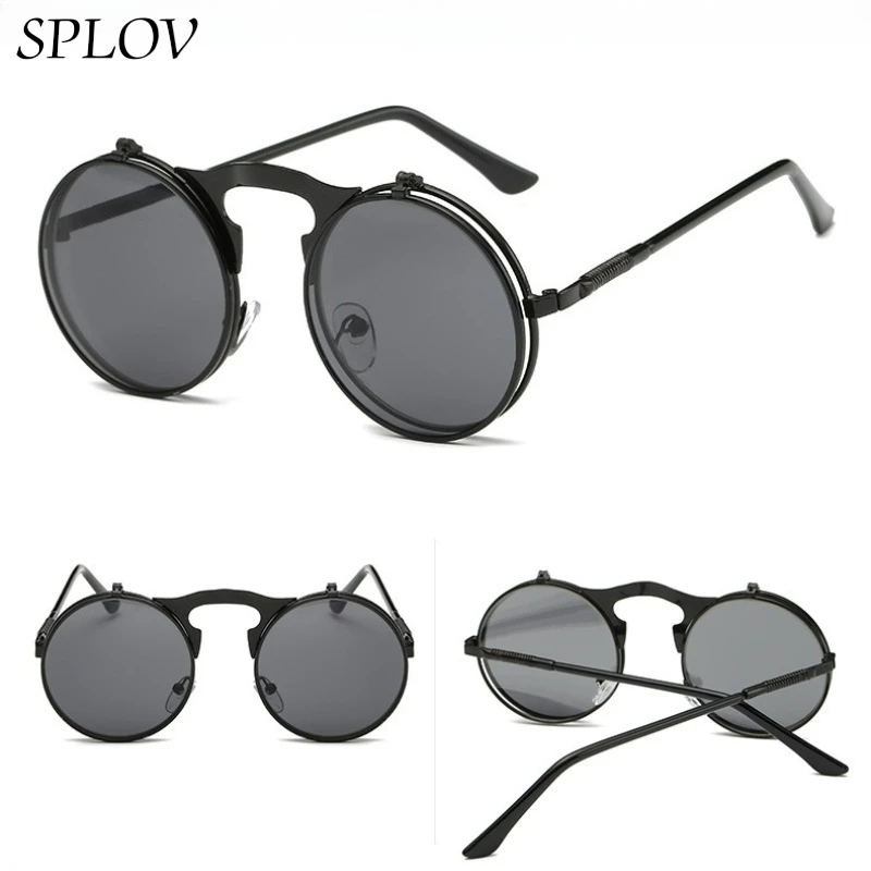 SPLOV Retro Steampunk Flip-Sonnenbrille, Retro-Sonnenbrille mit rundem Metallrahmen, modische, personalisierte Brille für Herren und Damen