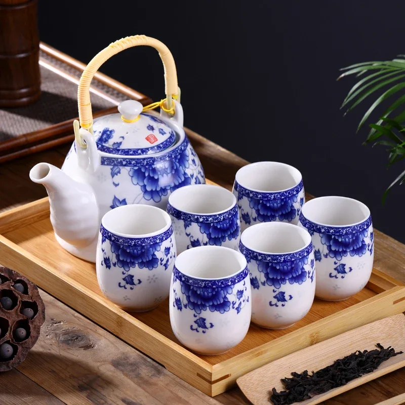 Lifting Beam Pot Jingdezhen Ceramic Tea Set Household Complete Set of Teapots Teacups 6 pcs Chinese-Japanese 1 pot 6 cups