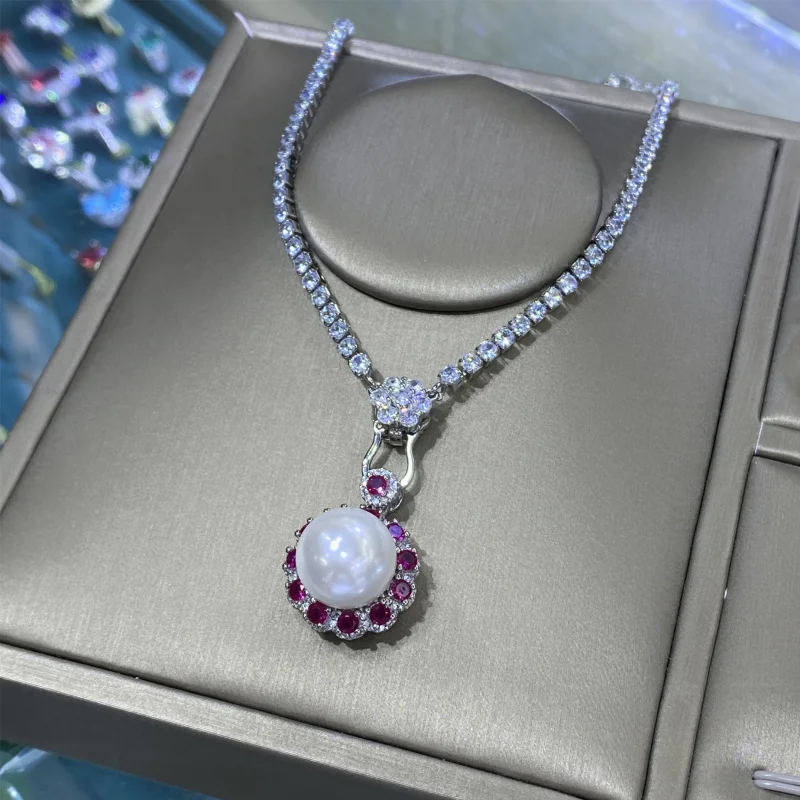 

Красный корунд, натуральная ракушка, сравнительно с жемчугом, открытое кольцо с бриллиантами, элегантный благородный комплект серег с подвеской для женщин