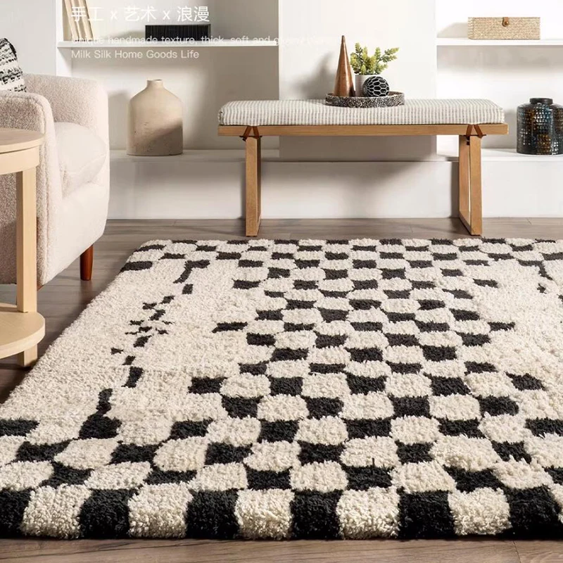 Black White Plaid Plush Living Room Carpet Luxury Home Center Rug Decoration Bedroom Cloakroom Large Customize Floor Rug