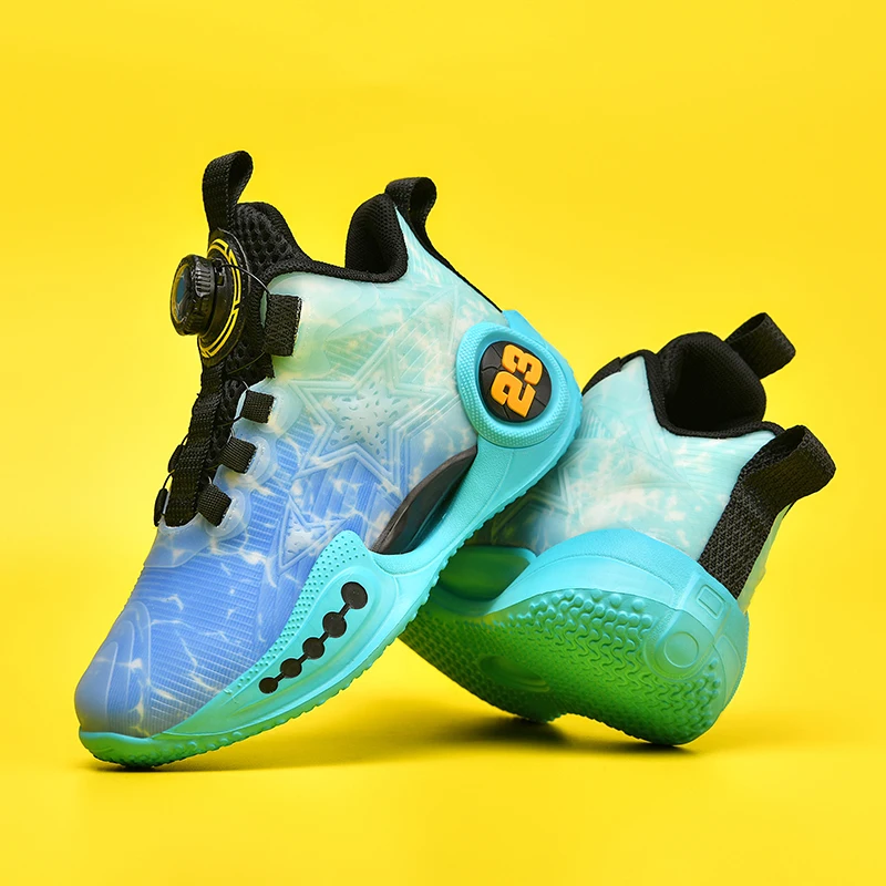 

Детские баскетбольные кроссовки с вращающейся пряжкой, высокие сетчатые дышащие кроссовки для подростков, модная повседневная обувь для мальчиков и девочек