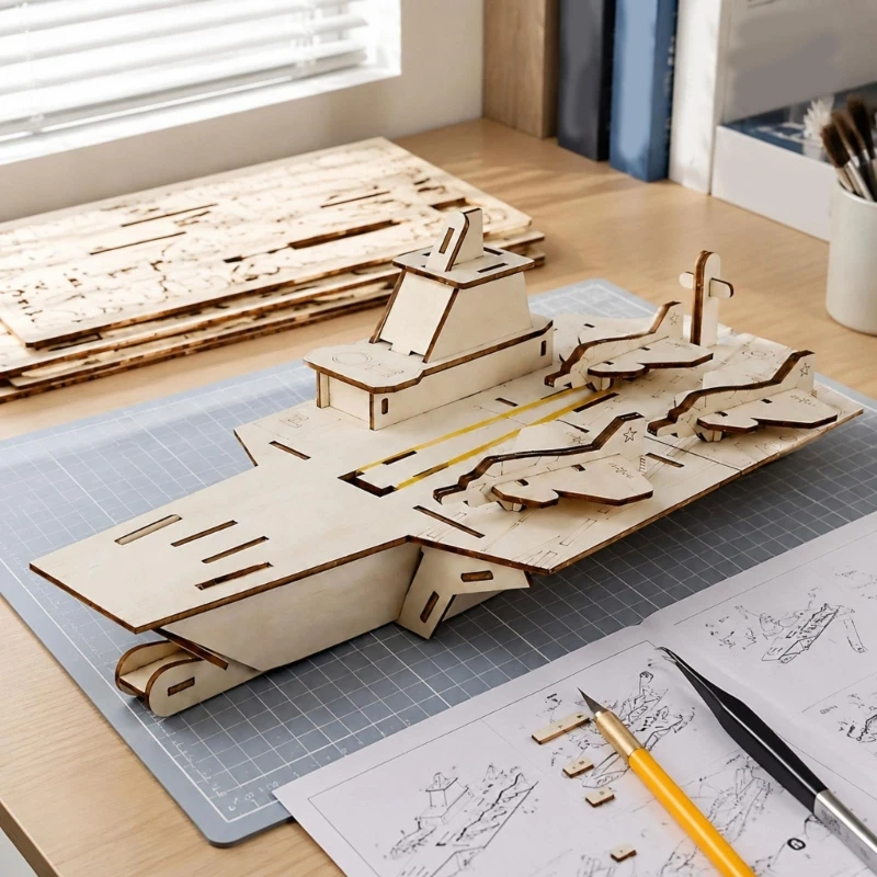 Slot-Joined Warship Model Building Set with Panels, Raised Island Detail, and Finished Ship for Desk or 15UB