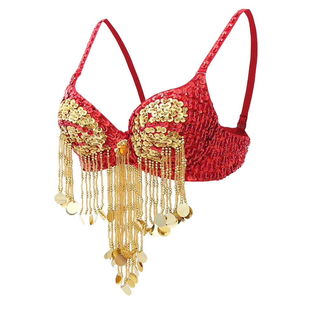 Women’s Belly Dance Sequin Tassel Bra Clubwear Beaded Fringe Top for Music Festival and Rave Outfit