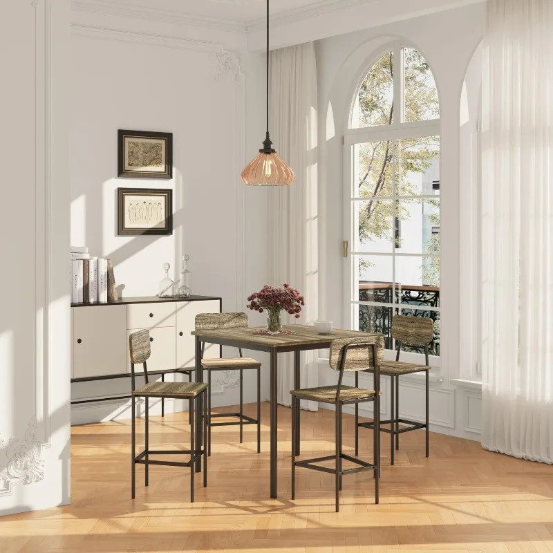 Five-person sturdy and durable industrial style space-saving dining table and chair combination