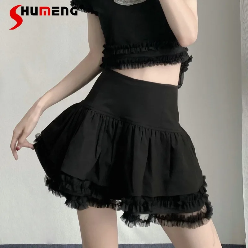 

Japanese Rojita Style High-waisted Design Versatile Solid Color Fluffy Lace Short Skirt Sweet Cute Thin Mini Skirts For Women